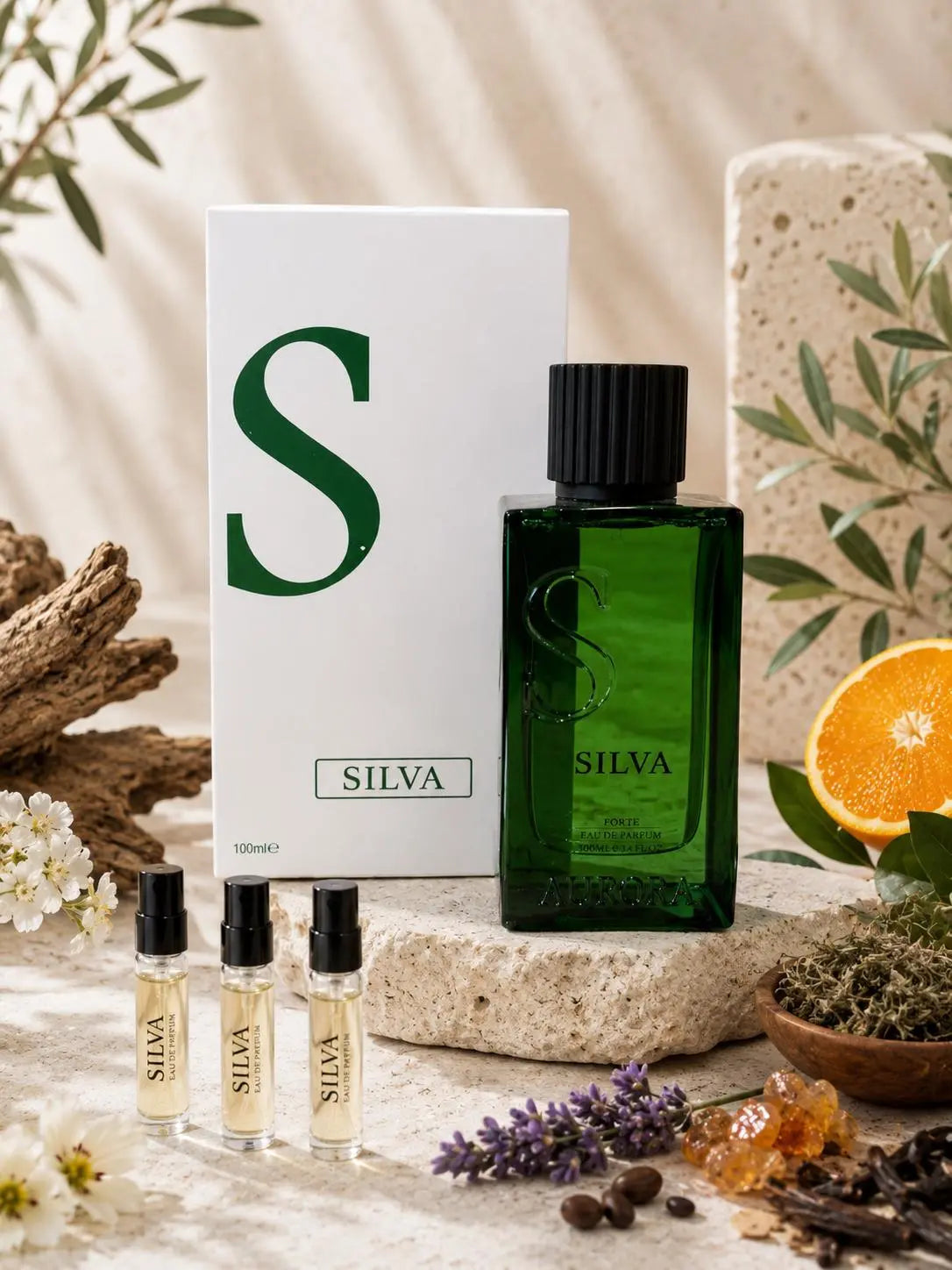 Aurora Scents Silva de volle fles met samples en de geurnoten