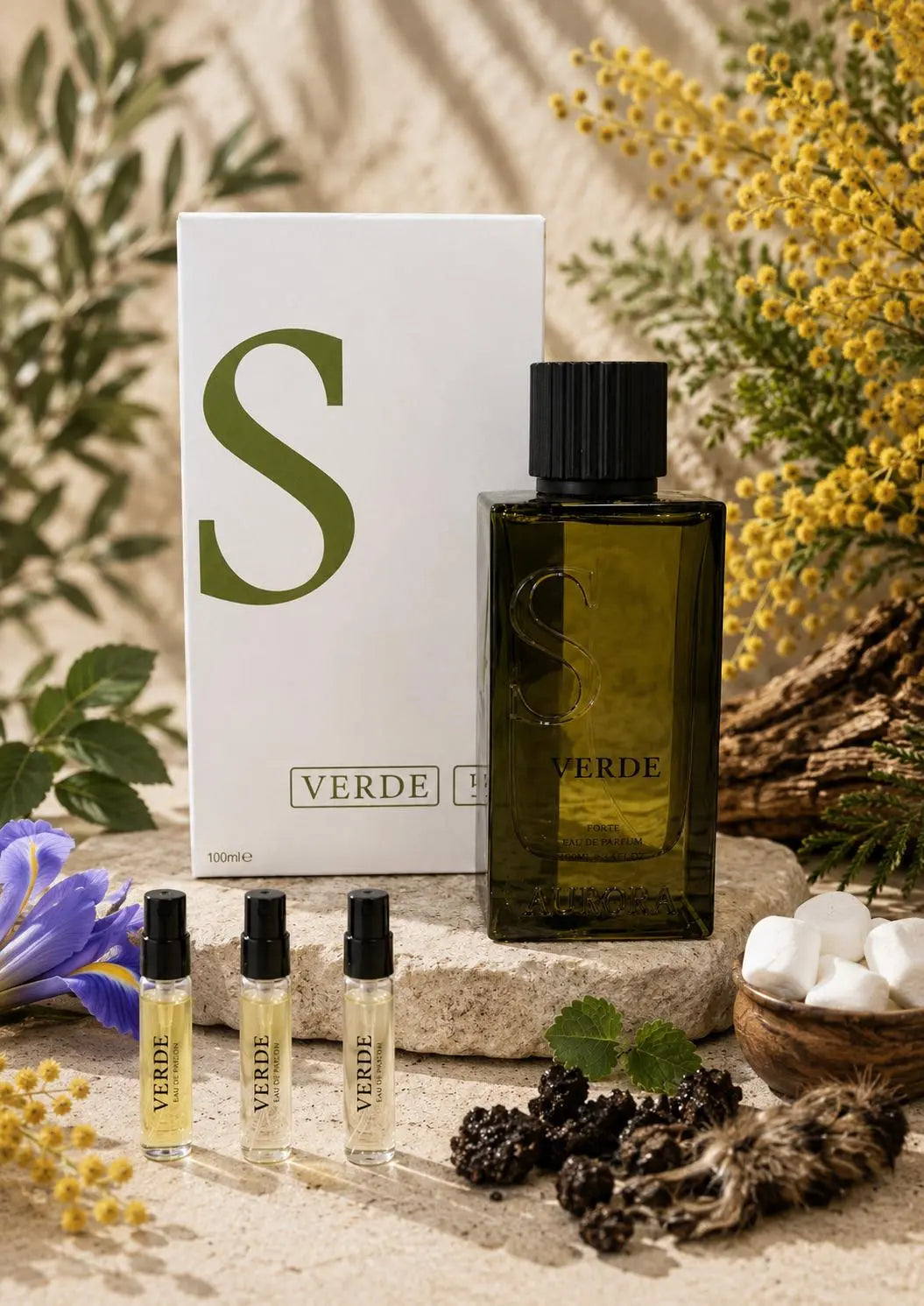 Aurora Scents Verde de doos, volle fles en samples met de geurnoten
