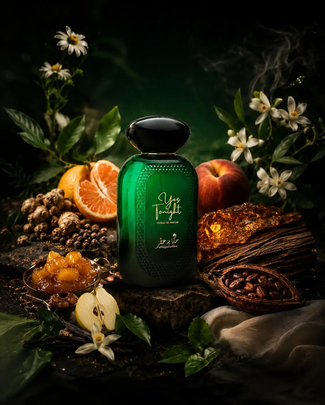 Hekayat Attar Yes Tonight fles met de geurnoten erbij